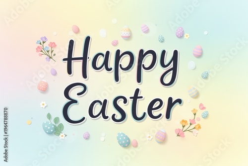 Colorful easter celebration with eggs and flowers on pastel background