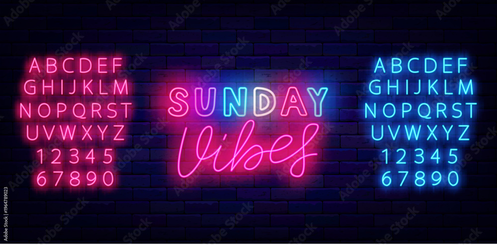 Obraz premium Sunday vibes neon label. Weekend mood. Glowing greeting card. Shiny pink and blue alphabet. Colorful handwritten text. Light poster on brick wall. Editable stroke. Vector stock illustration