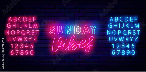 Sunday vibes neon label. Weekend mood. Glowing greeting card. Shiny pink and blue alphabet. Colorful handwritten text. Light poster on brick wall. Editable stroke. Vector stock illustration