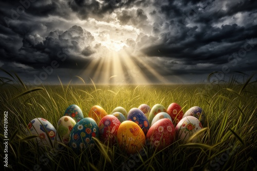 Colorful easter eggs in a sunlit field under dramatic clouds