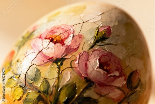 Close-up of floral painted egg with textured details on background. 
