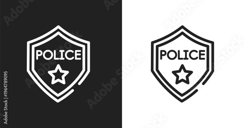 Police badge icon. Linear black, white icon from emergency services collection. Outline police badge vector. Thin line symbol isolated on white and black background