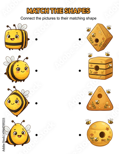 Match the Shapes Bee Worksheet for Kids Learning Activity