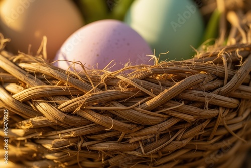 Closeup of woven basket with colorful eggs in warm spring sunlight. 