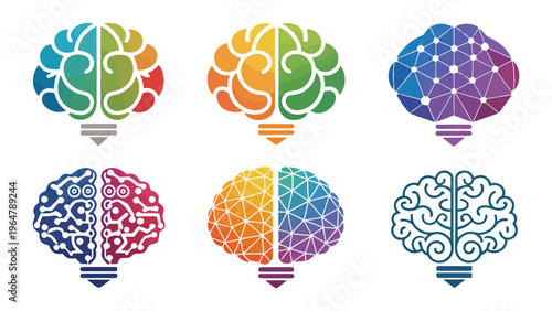 A set of colorful brain icons in a modern flat design style silhouette