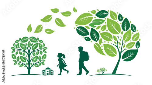 A minimalist vector graphic of a man and a girl walking towards a house surrounded by trees and leaves in a flat design silhouette
