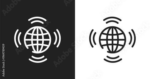 Worldwide transmissions icon. Linear black, white icon from phone icons collection. Outline worldwide transmissions vector. Thin line symbol isolated on white and black background