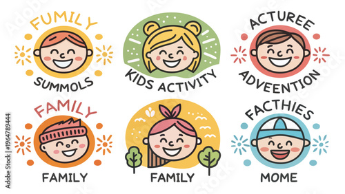 A colorful vector graphic illustration of smiling children's faces in circles