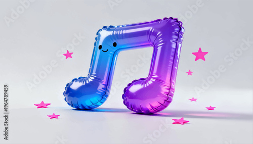 3D vector illustration of an inflatable musical note icon, cartoon style, convex edges, and a glossy surface made of bright pink and purple elastic plastic.