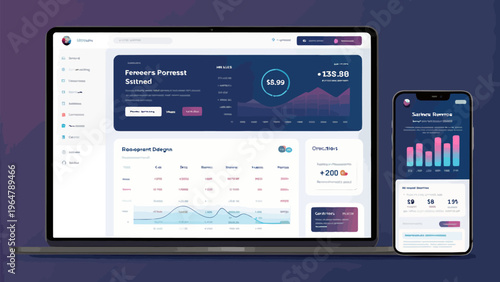 A modern financial dashboard displayed on a laptop and mobile device