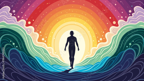 A vibrant silhouette of a person walking towards a rainbow sunset