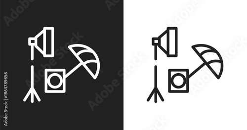 Studio icon. Linear black, white icon from cinema collection. Outline studio vector. Thin line symbol isolated on white and black background