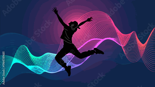 A vibrant silhouette of a man jumping with joy in a colorful graphic design