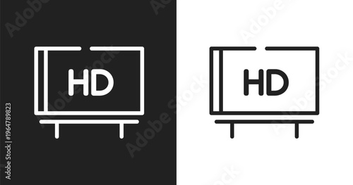Hd logo icon. Linear black, white icon from cinema collection. Outline hd logo vector. Thin line symbol isolated on white and black background