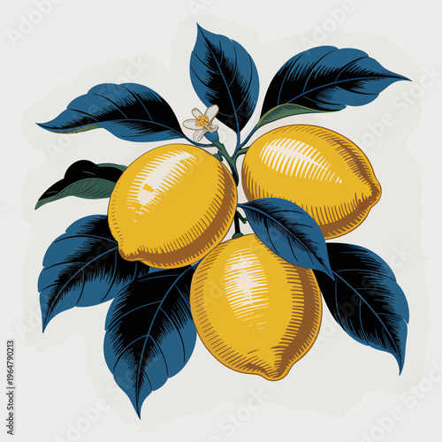 Vintage botanical illustration of three ripe lemons with dark blue foliage and small blossom isolated on a light background for decorative culinary design and art projects