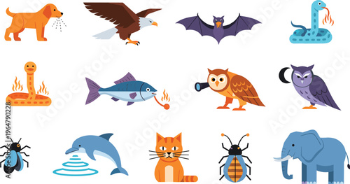 Elemental Animal Icon Set Featuring Dog, Eagle, Bat, Fire Snake, Cobra, Fish, Owl, Purple Owl, Beetle, Dolphin, Cat, Termite, and Elephant Illustrations for Digital Media, Websites, and Apps