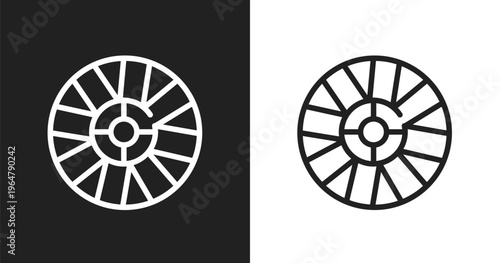 Car hubcap icon. Linear black, white icon from car parts collection. Outline car hubcap vector. Thin line symbol isolated on white and black background