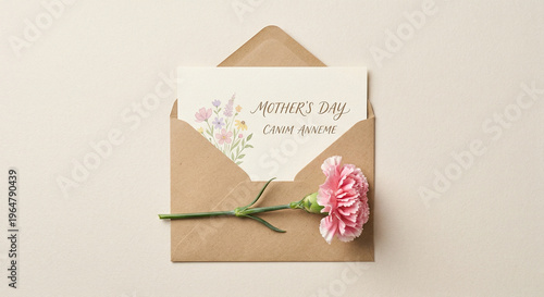 Minimal Mother’s Day card in envelope with a carnation on a clean background. Ideal for elegant, floral, and holiday celebration concepts.