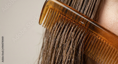Close-up of wet hair strands being combed with an amber comb, highlighting texture and moisture. Ideal for hair care, grooming, and beauty treatment concepts.  