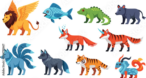 Mythical and Real Animal Icon Set Featuring Lion with Wings, Fish, Crocodile, Wild Dog, Fox, Tiger, Wolf, Nine-Tailed Fox, and Fantasy Creature Illustrations for Digital Media, Websites, and Apps