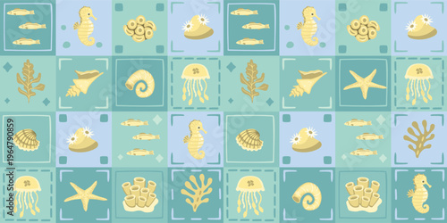 Sea  seamless pattern with underwater inhabitants. Cartoon mosaic background with seahorse, fish, shells, corals, jellyfish, starfish. Vector print on fabric and wrapping paper, endless wallpaper.