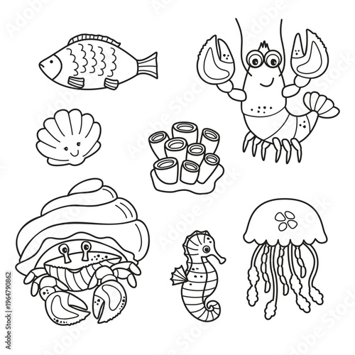 Sea animals coloring page. Graphic seahorse, hermit crab, lobster, shell, fish, jellyfish drawn black lines and isolated on a white background. Vector underwater inhabitants set. Outline characters.