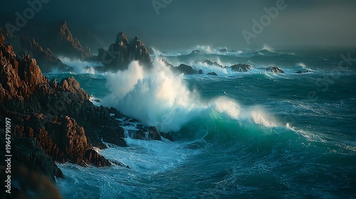 Violent sea waves hitting rugged dark volcanic shoreline at dawn illustrator