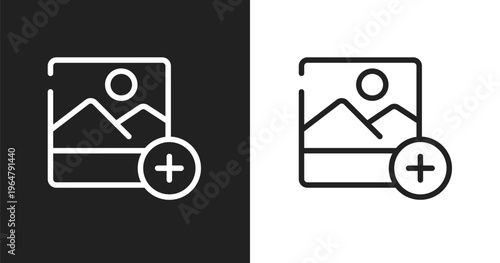 Add photos icon. Linear black, white icon from general collection. Outline add photos vector. Thin line symbol isolated on white and black background