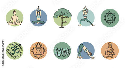 Ten circular icons depicting yoga poses, spiritual symbols, nature elements, and a Buddha statue are arranged on a white background.