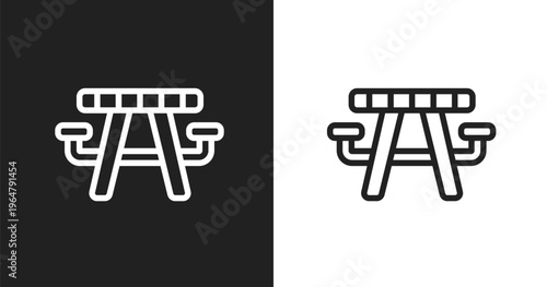 Picnic table with basket icon. Linear black, white icon from general collection. Outline picnic table with basket vector. Thin line symbol isolated on white and black background