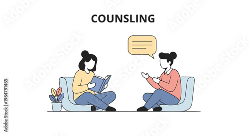 Two cartoon women are sitting in chairs, one reading a book and the other speaking with a speech bubble, on a white background.
