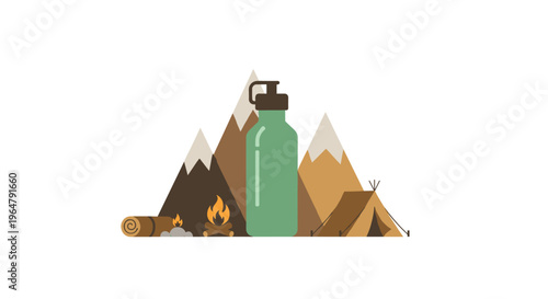 A green water bottle stands in front of mountains, a campfire, a sleeping bag, and a tent on a white background.