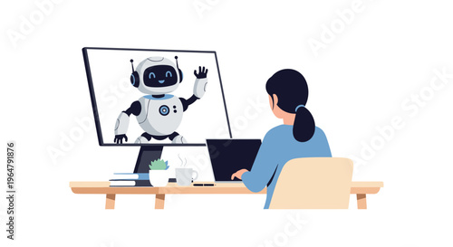 A person sits at a wooden desk, typing on a laptop, as a friendly robot waves from a monitor screen on a white background.