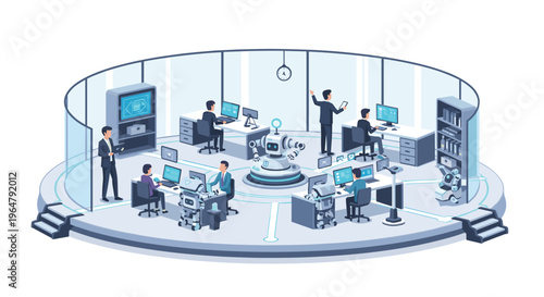 An isometric view of a circular office with human workers and robots at desks, enclosed by glass walls.