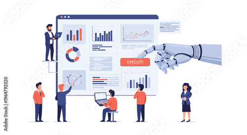 A giant robotic arm presses an EXECUTE button on a large digital dashboard observed by several human figures.