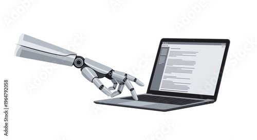 A metallic robotic arm presses a key on a silver laptop keyboard displaying code on a white background.