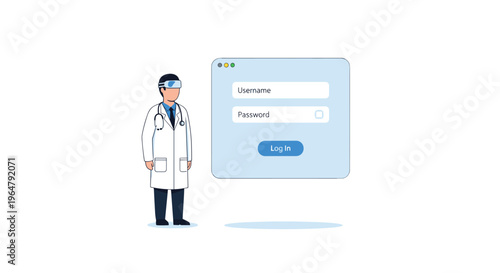 A doctor in a white lab coat stands next to a blue login window on a plain white background.