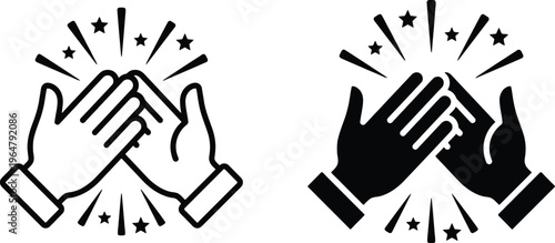A graphic illustration of two pairs of hands clasped together in a celebratory gesture with stars and lines