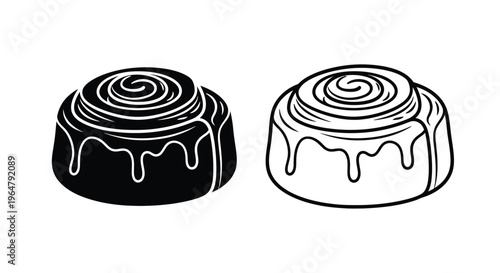 Two cinnamon rolls shown in a detailed black outline silhouette