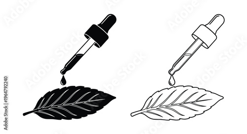 Dropper bottles dispensing liquid onto leaves a graphic silhouette