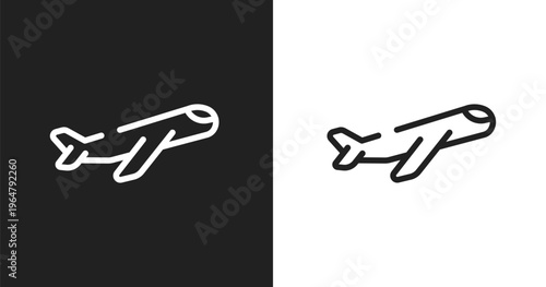 Inclined airplane icon. Linear black, white icon from business and finance collection. Outline inclined airplane vector. Thin line symbol isolated on white and black background