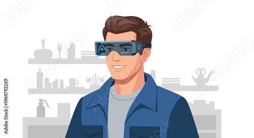 A smiling man wearing sleek augmented reality glasses looks forward in a blurred interior setting.