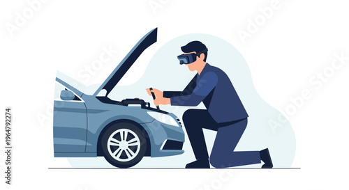 A man wearing a virtual reality headset kneels and works on a car engine with an open hood.