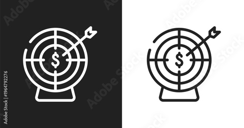 Target with an arrow icon. Linear black, white icon from business and finance collection. Outline target with an arrow icon vector. Thin line symbol for use on web and mobile apps, logo, print