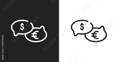 Talking about money icon. Linear black, white icon from business and finance collection. Outline talking about money vector. Thin line symbol isolated on white and black background