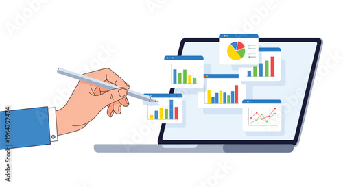 A hand holding a silver stylus points at a laptop screen displaying multiple overlapping windows with colorful bar charts, pie charts, and line graphs.