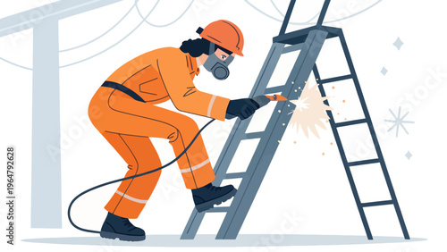A construction worker in an orange uniform is welding on a ladder at a building site.