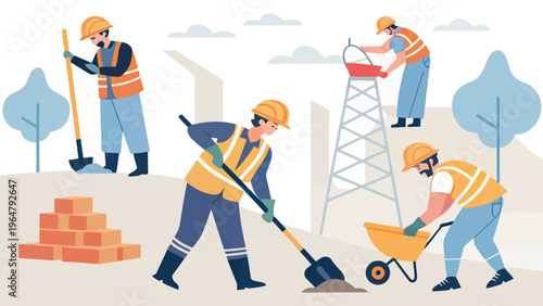 Construction workers in orange vests and hard hats working on a building site with a tower and trees in the background