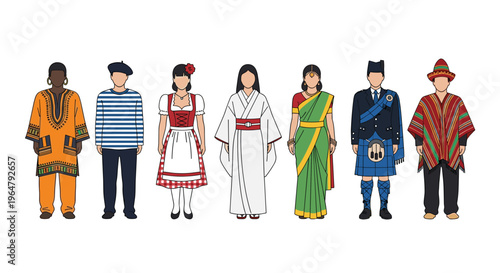 Seven diverse figures stand in a line, each wearing a distinct traditional national costume, on a plain white background.