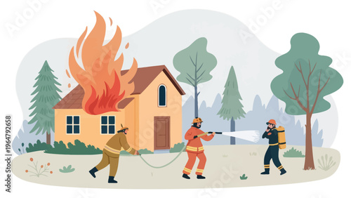 Firefighters in action extinguishing a house fire in a wooded area with trees and a burning building